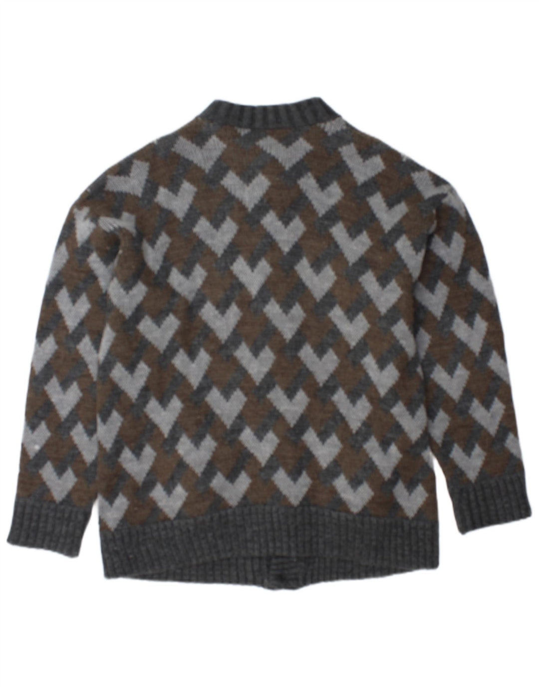 Suéter cardigã masculino vintage cinza médio geométrico