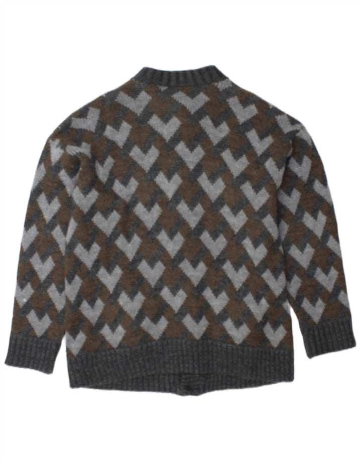 Suéter cardigã masculino vintage cinza médio geométrico