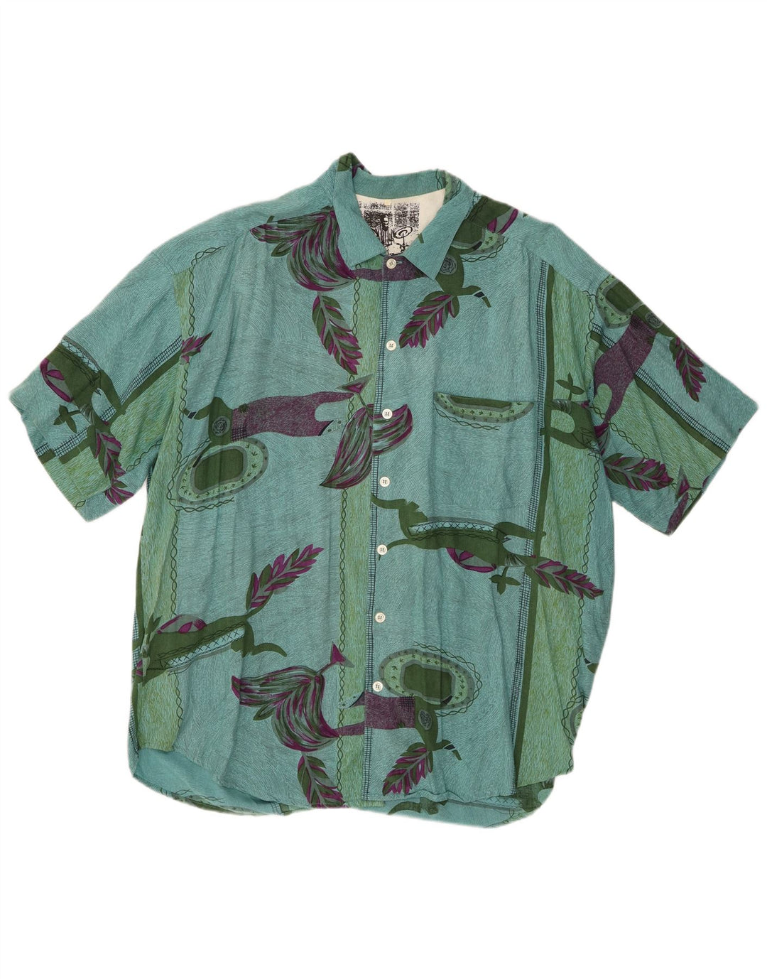 Vintage masculino abstrato Padrão camisa de manga curta XL verde viscose