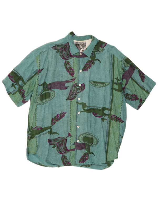 Vintage masculino abstrato Padrão camisa de manga curta XL verde viscose