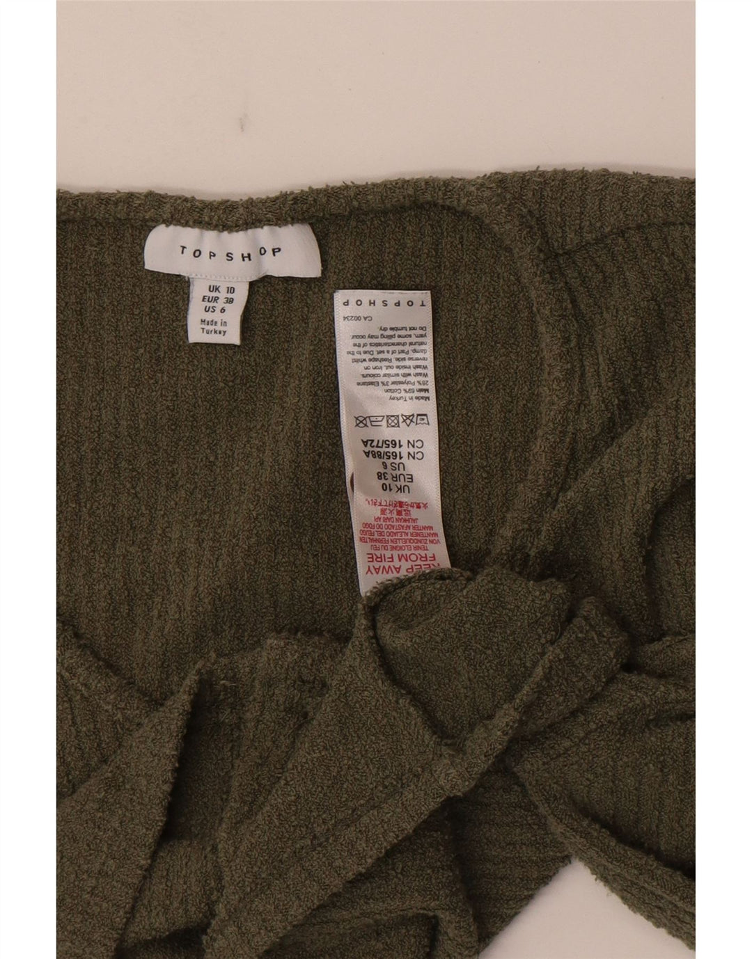 Topshop feminino cropped cardigã UK 10 pequeno algodão cáqui