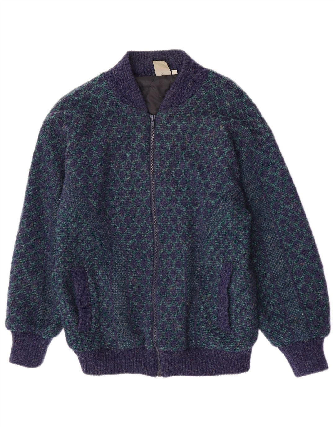 Jaqueta bomber vintage masculina de malha UK 38 Acrílico geométrico azul médio retrô