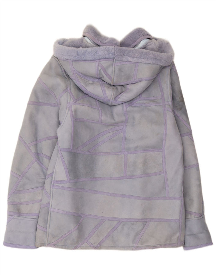 Jaqueta feminina vintage com capuz Shearling Reino Unido 16 grandes retalhos roxos