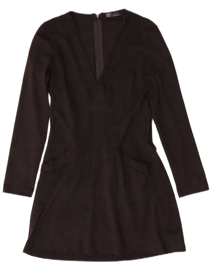 Vestido feminino Zara manga comprida evasê Reino Unido 12 médio preto poliéster