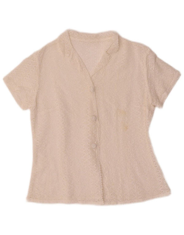 Blusa feminina vintage manga curta crochê camisa UK 10 pequena branca