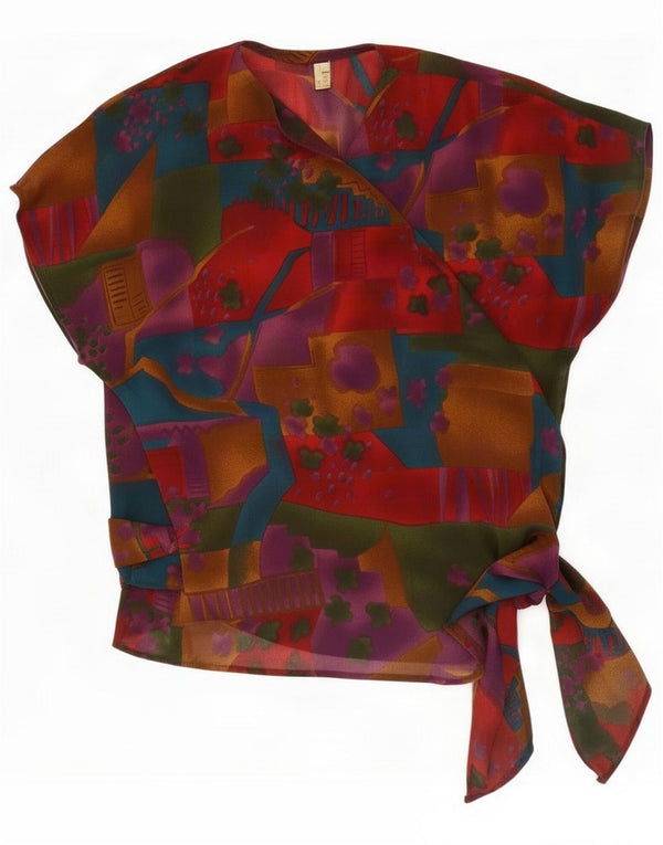 Blusa feminina vintage de manga curta com envoltório UK 16 grande vermelho geométrico