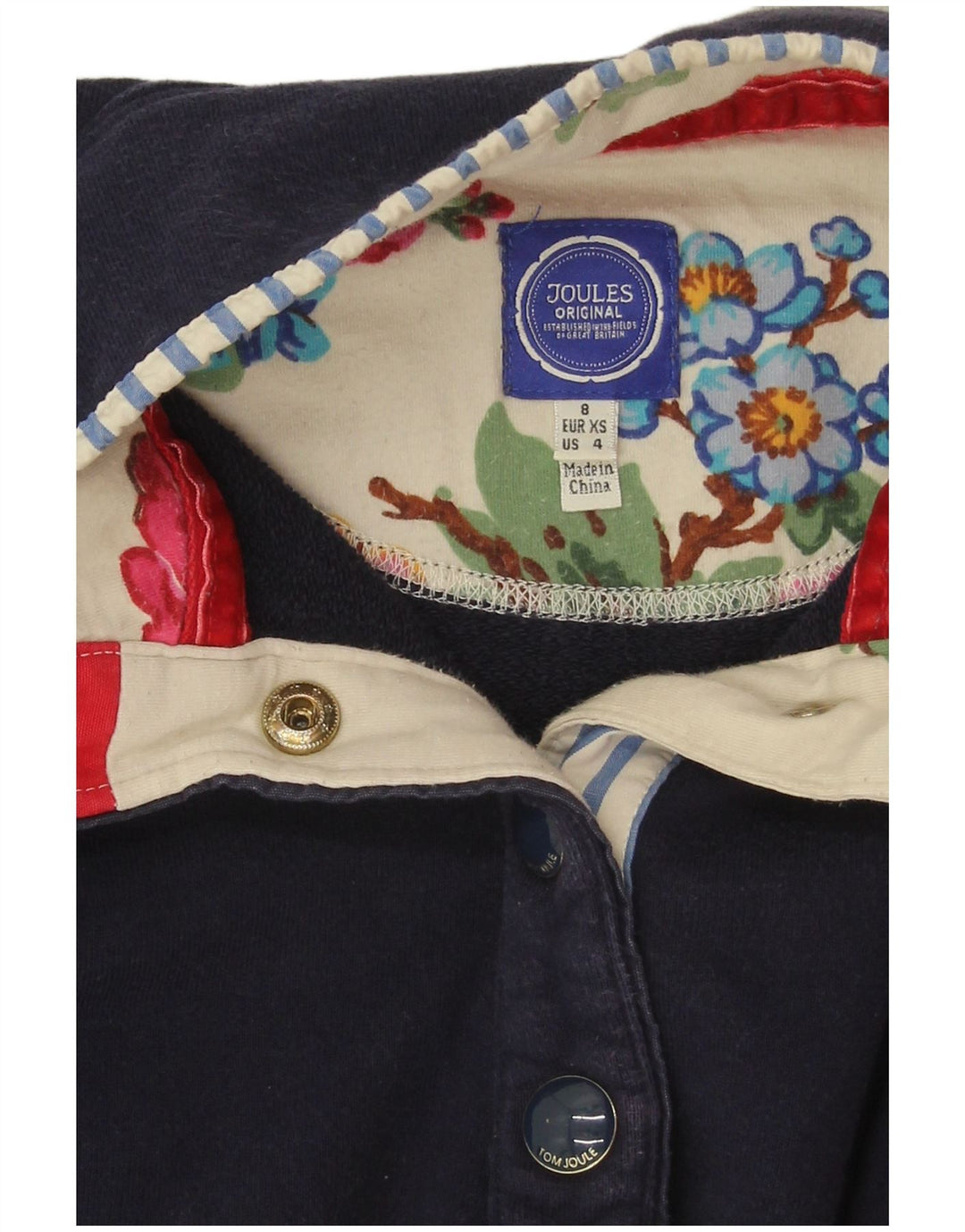 Suéter feminino Joules com gola redonda e botão Reino Unido 8 pequeno algodão azul marinho