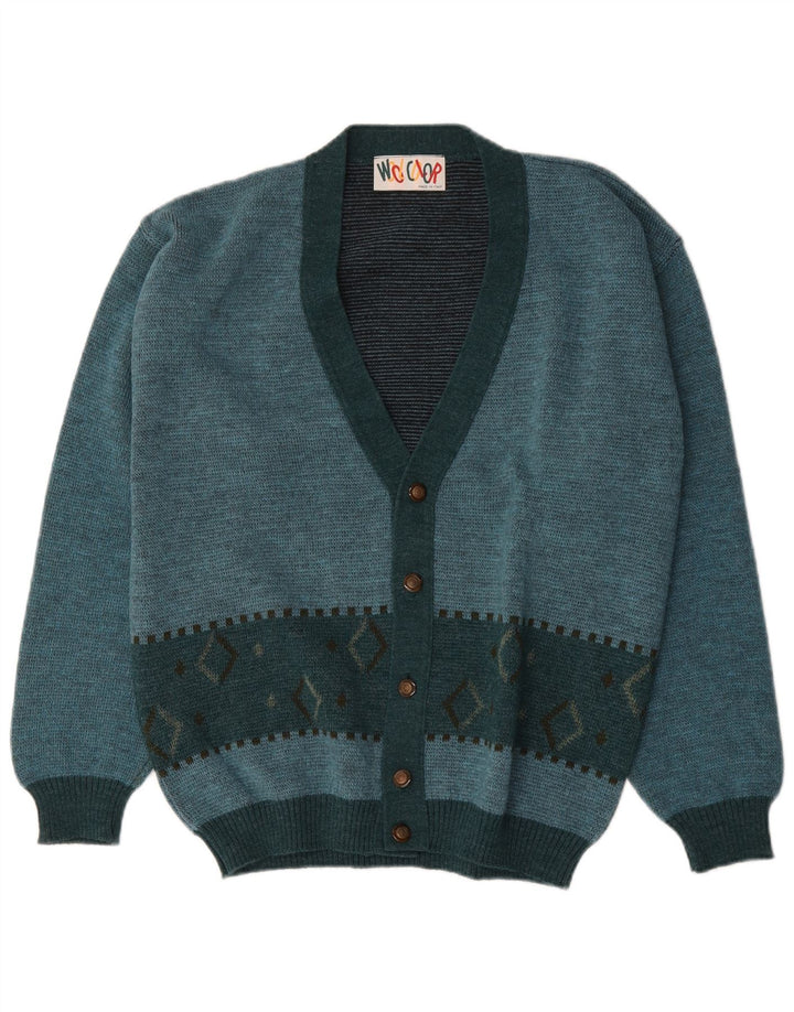 Suéter cardigã masculino vintage médio turquesa Argyle/lã diamante