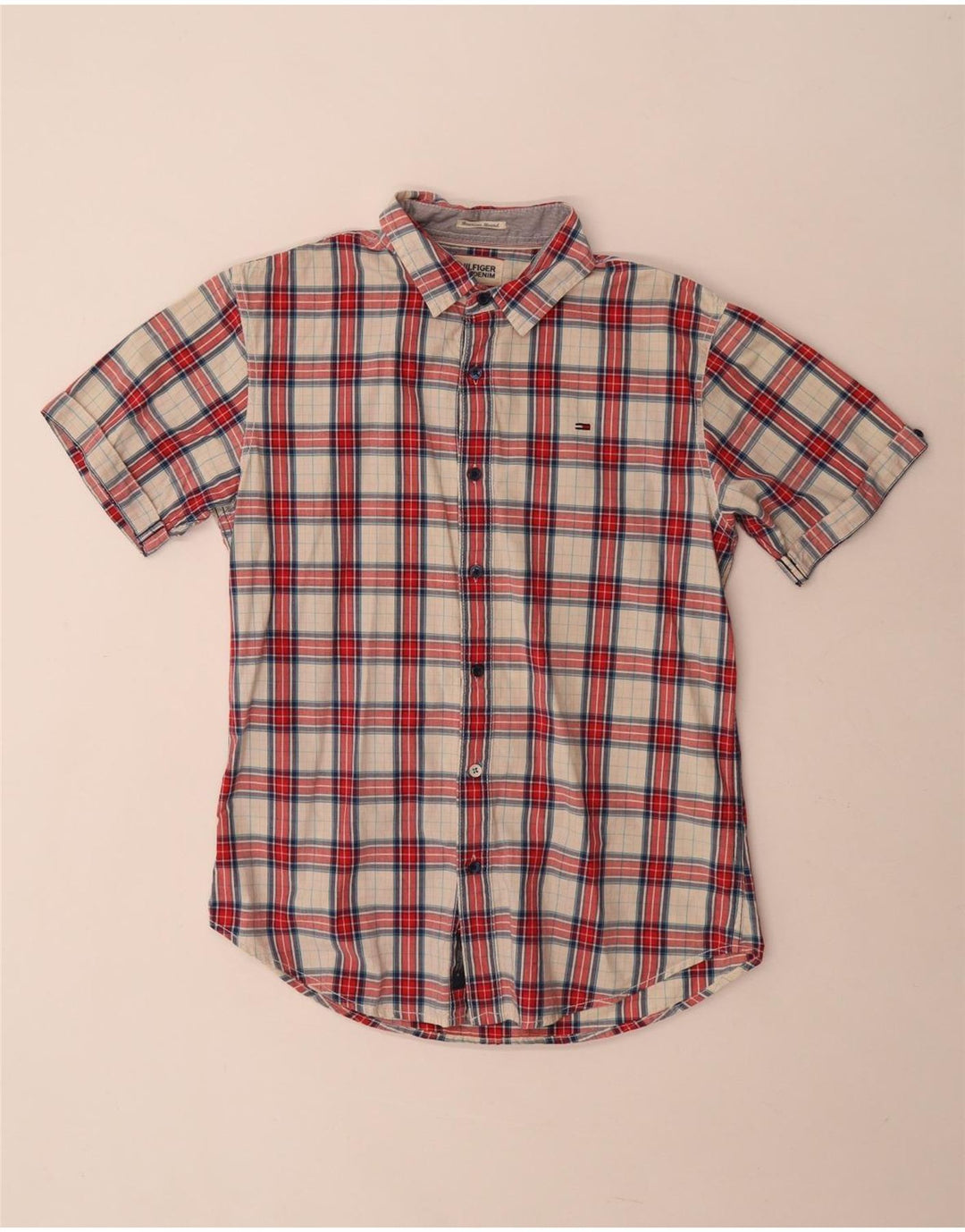 Camisa masculina de manga curta Tommy Hilfiger, algodão xadrez vermelho médio