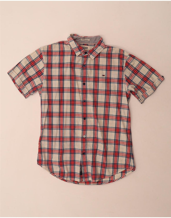 Camisa masculina de manga curta Tommy Hilfiger, algodão xadrez vermelho médio