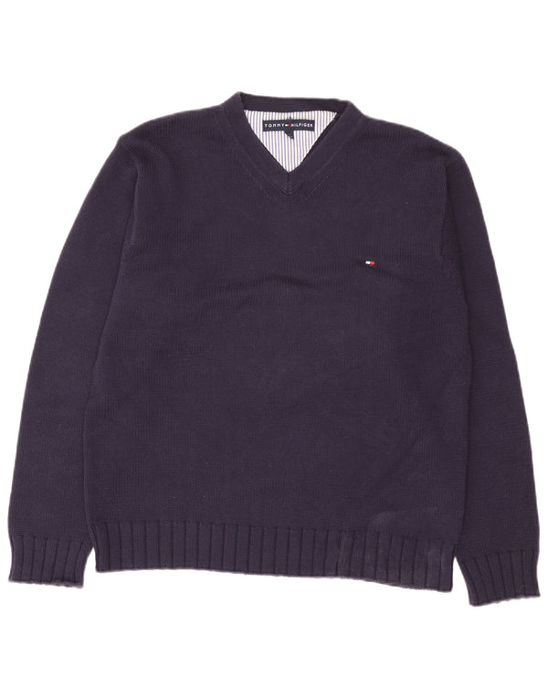Tommy Hilfiger Suéter masculino com decote em V pequeno algodão azul marinho