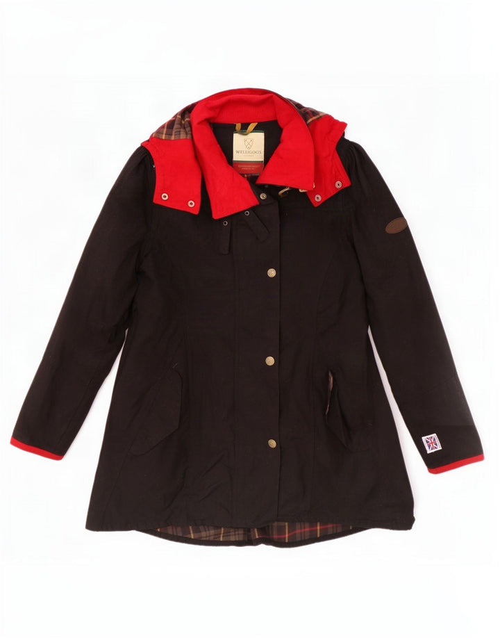 Jaqueta feminina Parka encerada com capuz Welligogs Reino Unido 14 bloco colorido preto médio