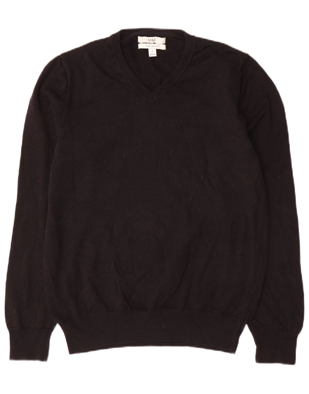Suéter masculino Marks & Spencer com decote em V, algodão preto médio