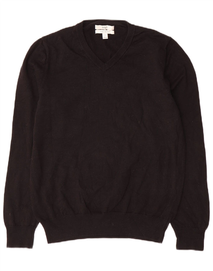 Suéter masculino Marks & Spencer com decote em V, algodão preto médio