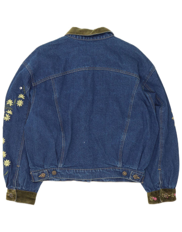 Jaqueta jeans feminina vintage folgada Reino Unido 14 algodão floral azul médio