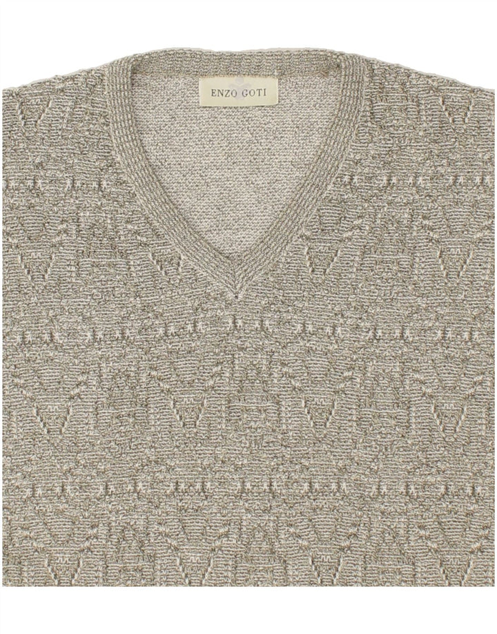 ENZO GOTI Mens V-Neck Jumper Sweater XL Green Fair Isle Cotton Vintage Enzo Goti and Second-Hand Enzo Goti from Messina Hembry 