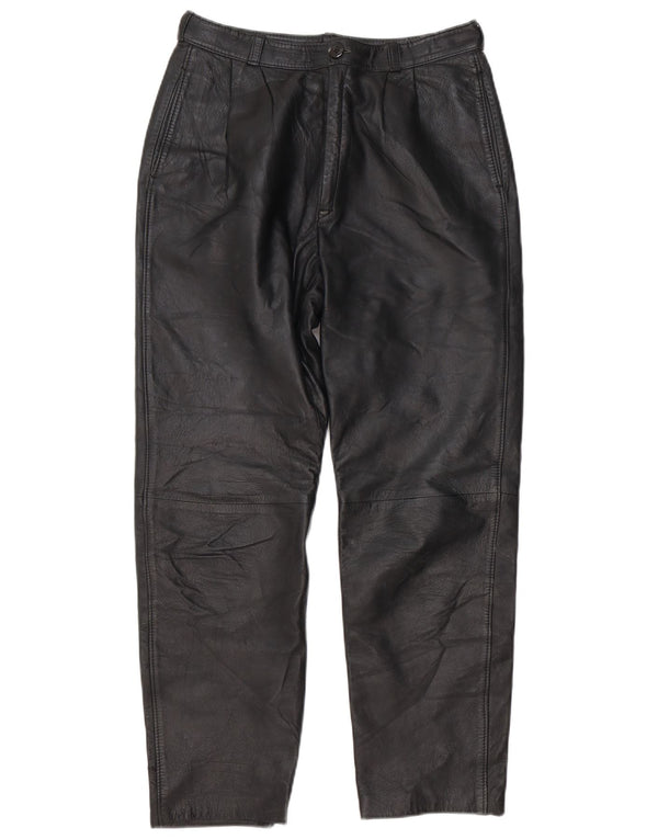 Calça feminina vintage reta de couro sintético W30 L29 preta