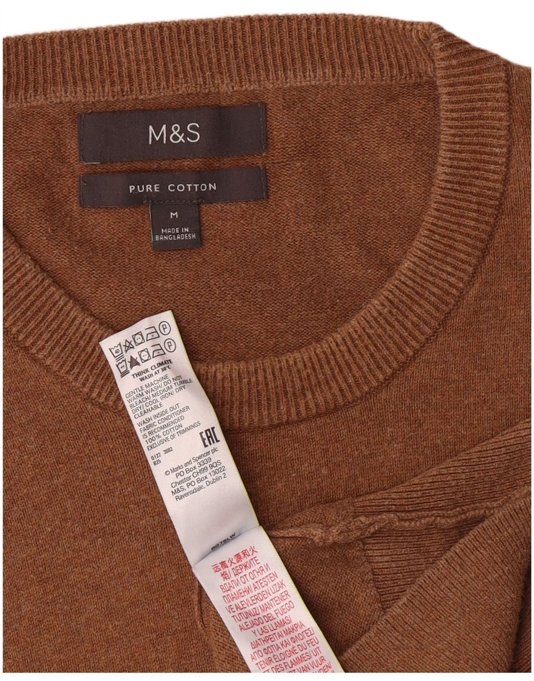 Suéter masculino Marks & Spencer com gola redonda, algodão marrom médio