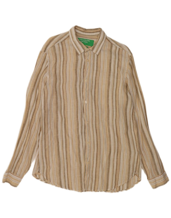 Camisa masculina Benetton de linho listrado bege médio