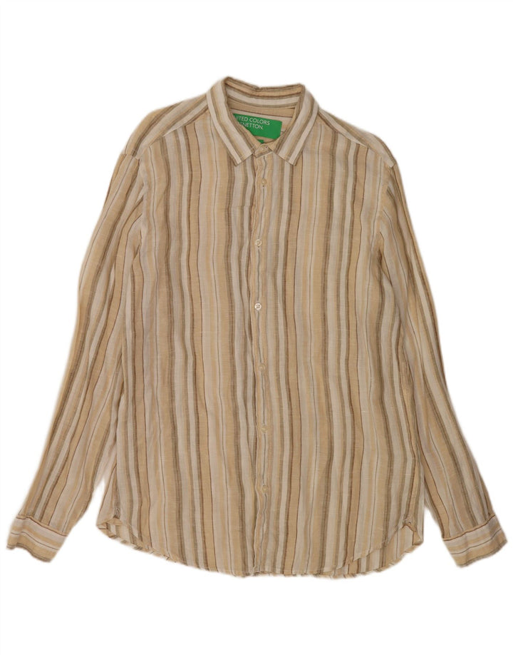 Camisa masculina Benetton de linho listrado bege médio