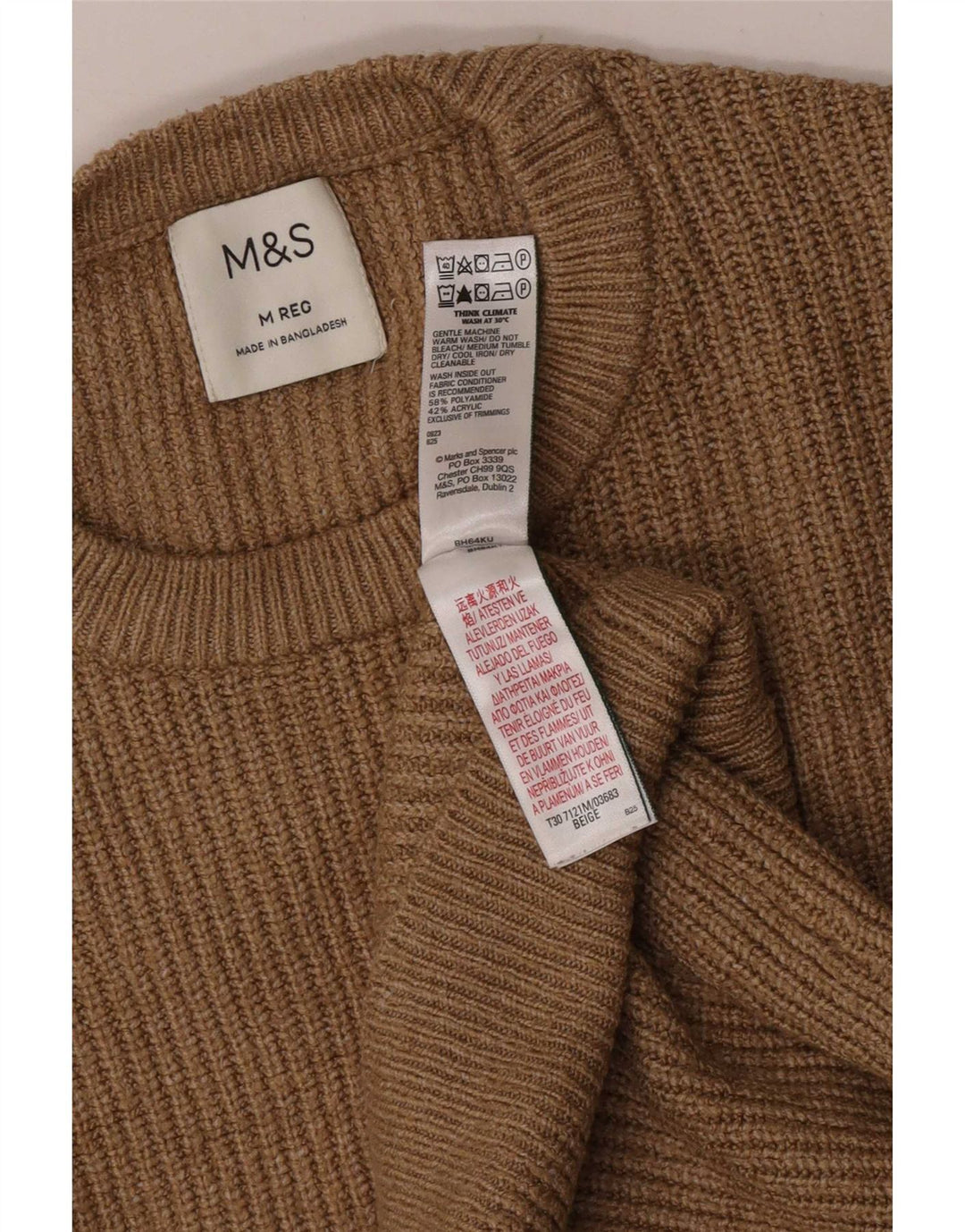 Suéter masculino Marks & Spencer com gola redonda, poliamida bege médio