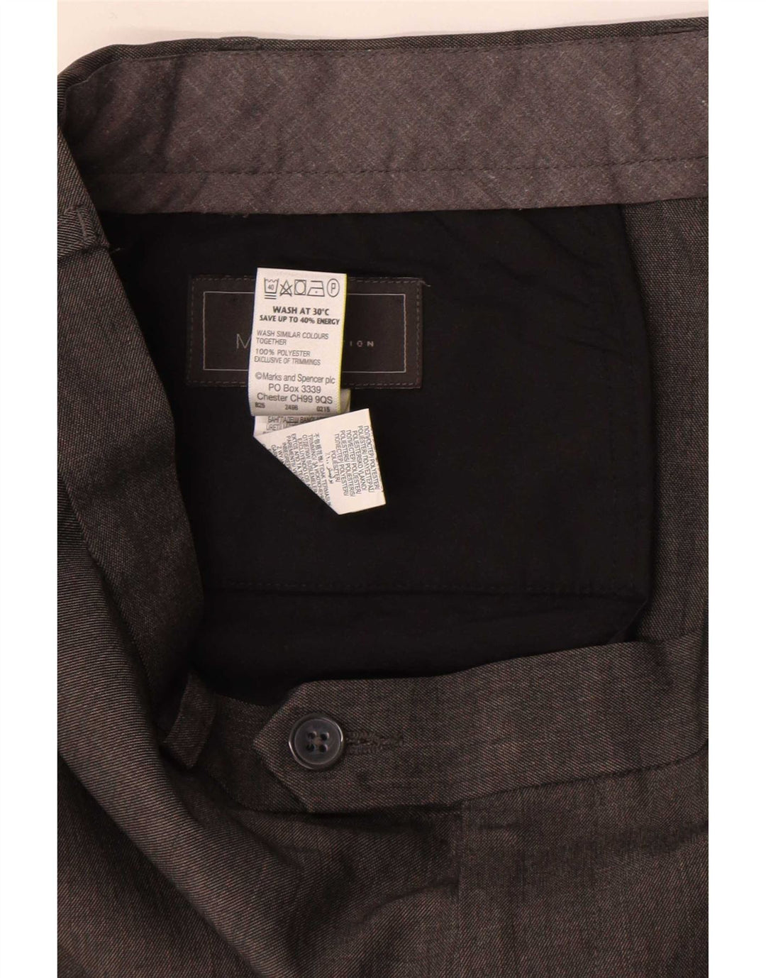 Calça masculina de ajuste regular Marks & Spencer W38 L31 poliéster cinza