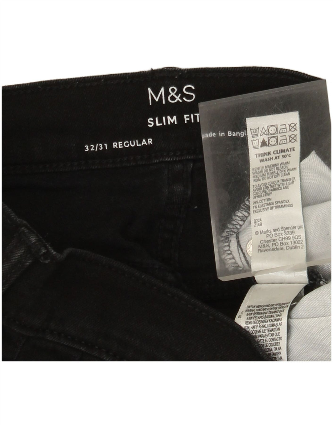 Marks & Spencer Masculino Regular Slim Jeans W32 L31 Algodão Preto