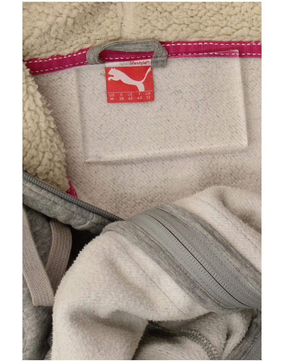 Suéter PUMA feminino com capuz e zíper UK 12 cinza médio manchado