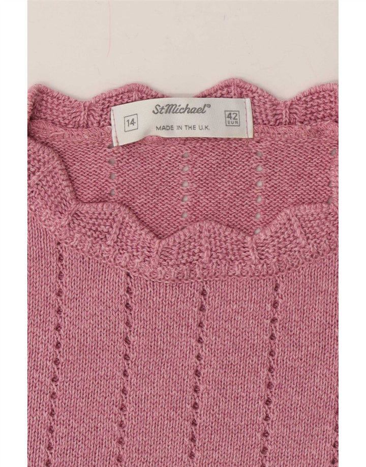Suéter feminino St Michael de manga curta com gola redonda Reino Unido 14 médio rosa