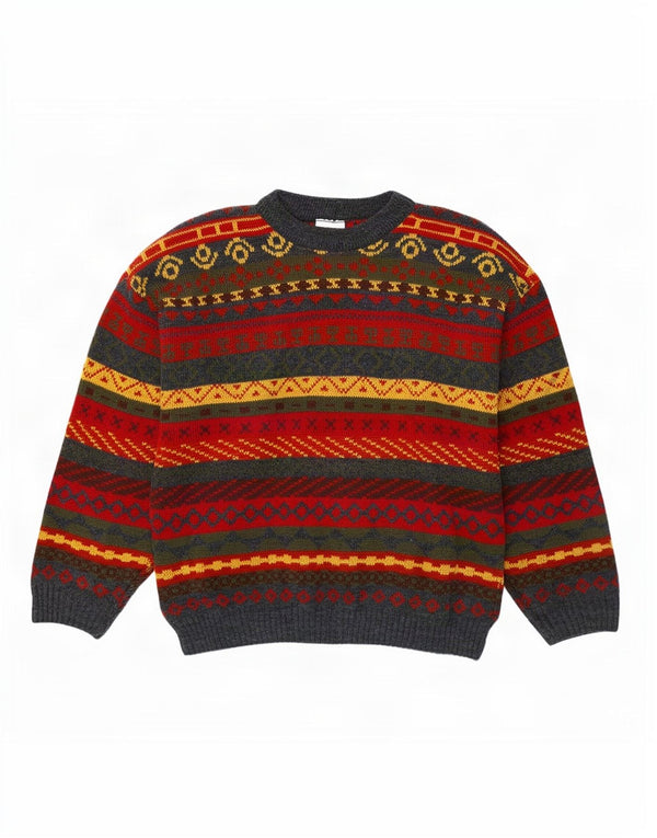 Suéter vintage masculino com gola redonda, médio multicolorido Fair Isle