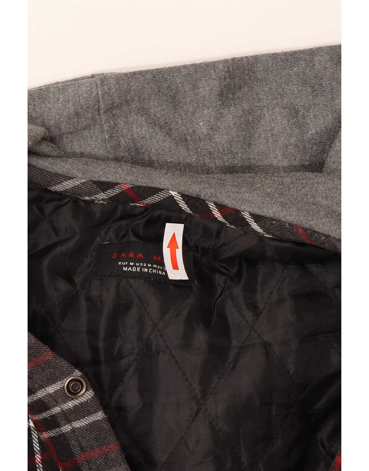 Camisa masculina de flanela com capuz e flanela Zara, algodão xadrez cinza médio