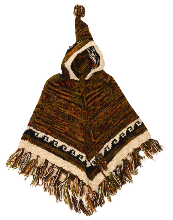 Poncho com capuz para meninas vintage tamanho único cáqui lã Fair Isle