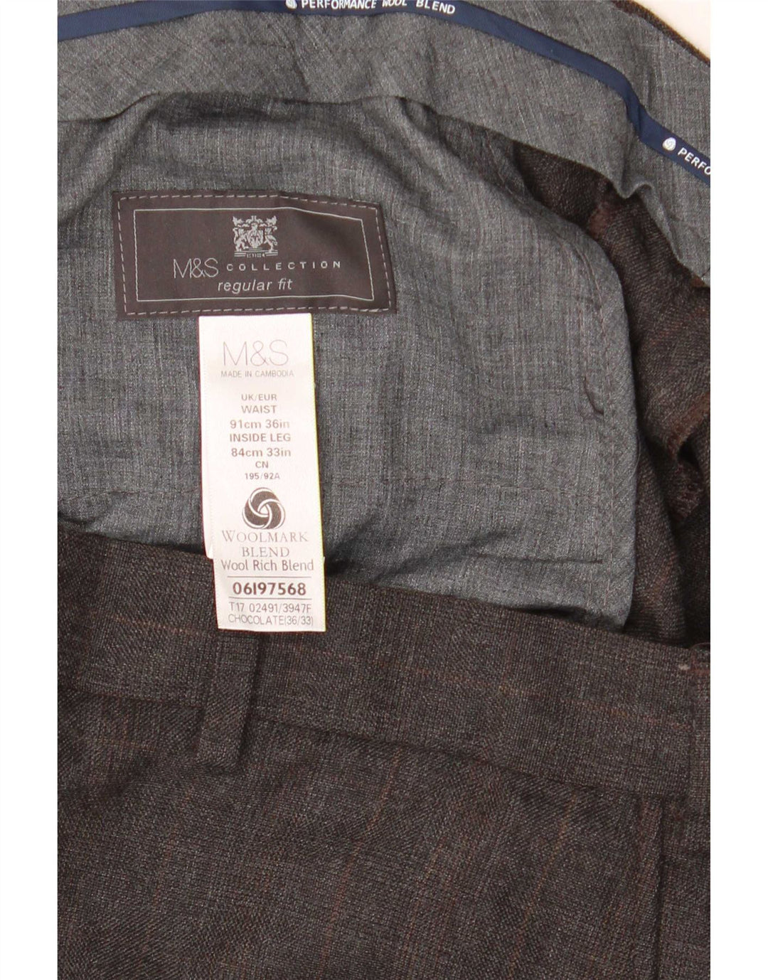 Calça masculina de ajuste regular reto Marks & Spencer W36 L33 lã cinza