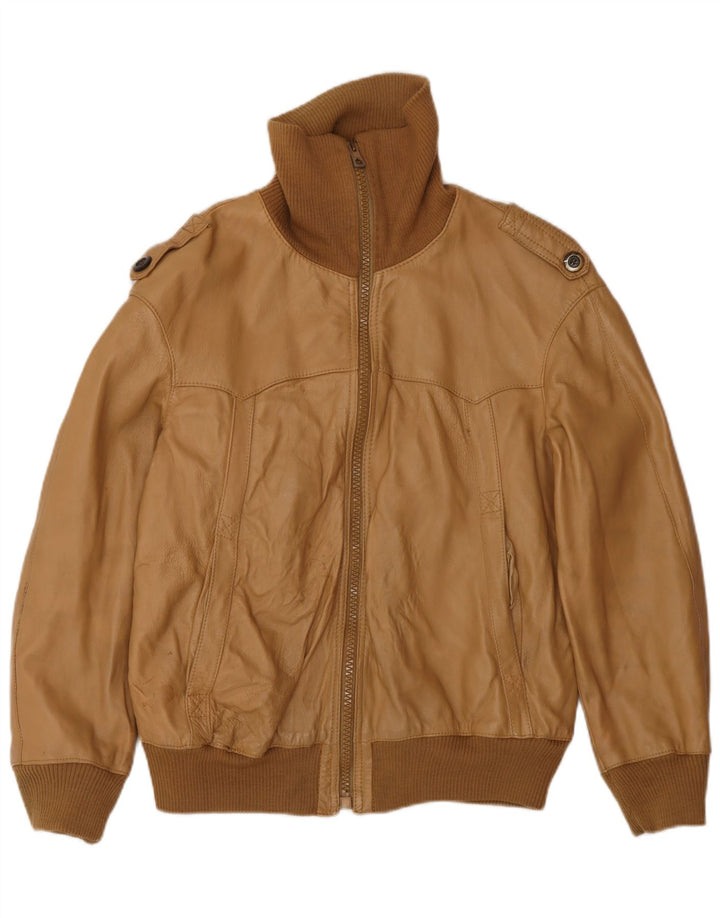 Jaqueta de couro bomber militar vintage masculina Reino Unido 38 bege médio