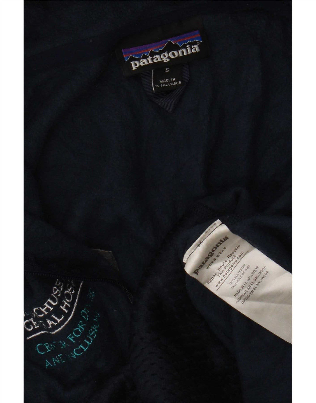 Jaqueta feminina de lã gráfica Patagonia UK 10 poliéster azul marinho pequeno