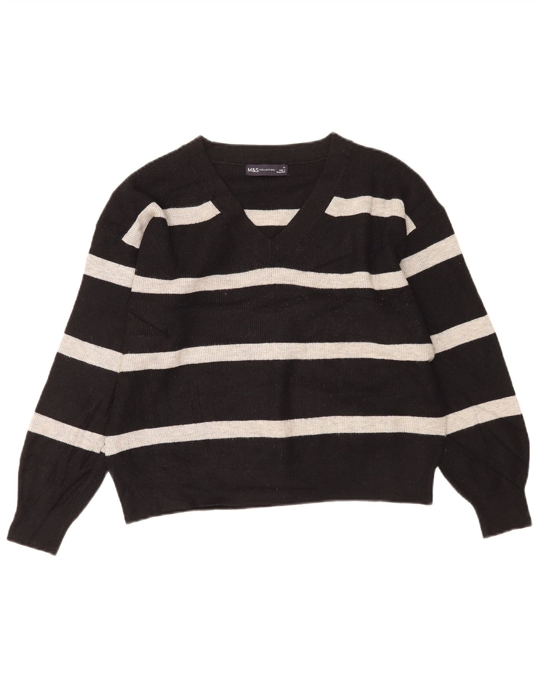 Suéter feminino Marks & Spencer com decote em V UK 14 listrado preto médio