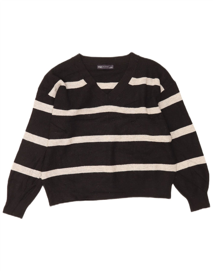 Suéter feminino Marks & Spencer com decote em V UK 14 listrado preto médio