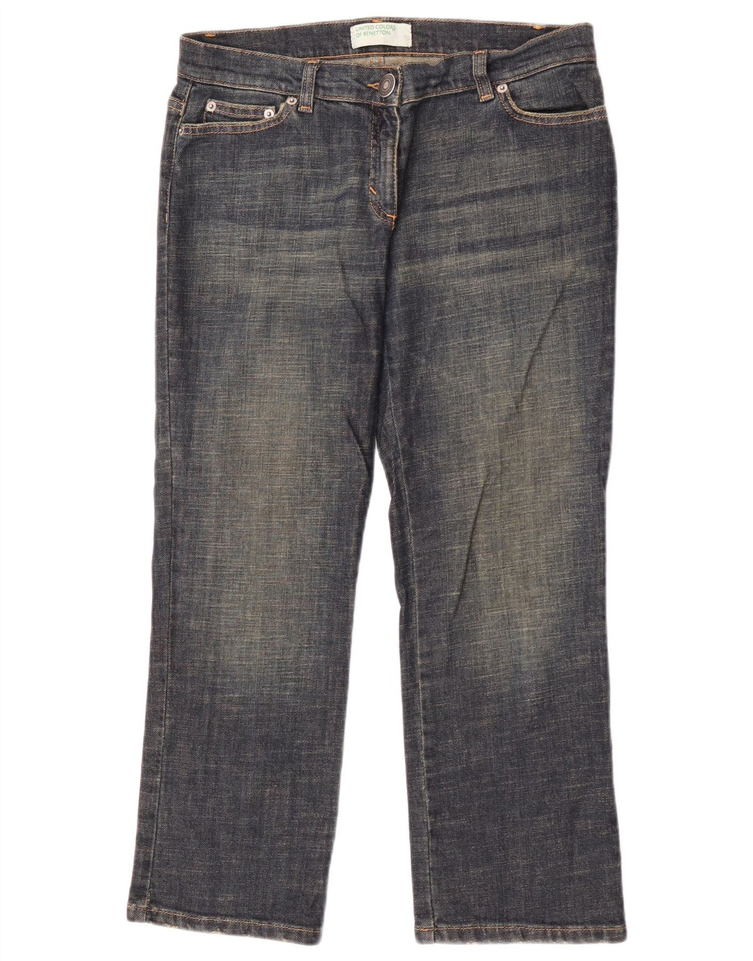 Jeans recortados femininos Benetton IT 44 médio W30 L25 algodão azul marinho