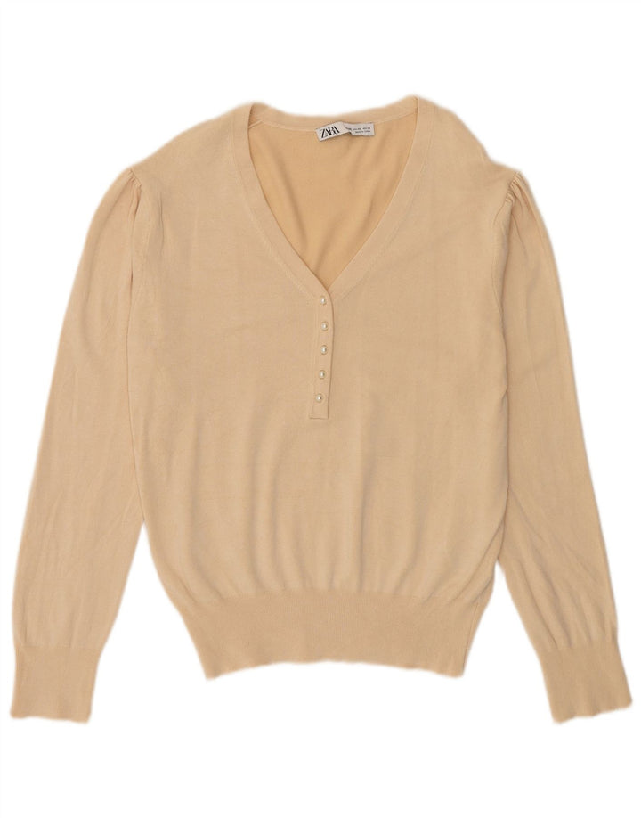 Suéter feminino ZARA com decote em V UK 20 2XL viscose bege