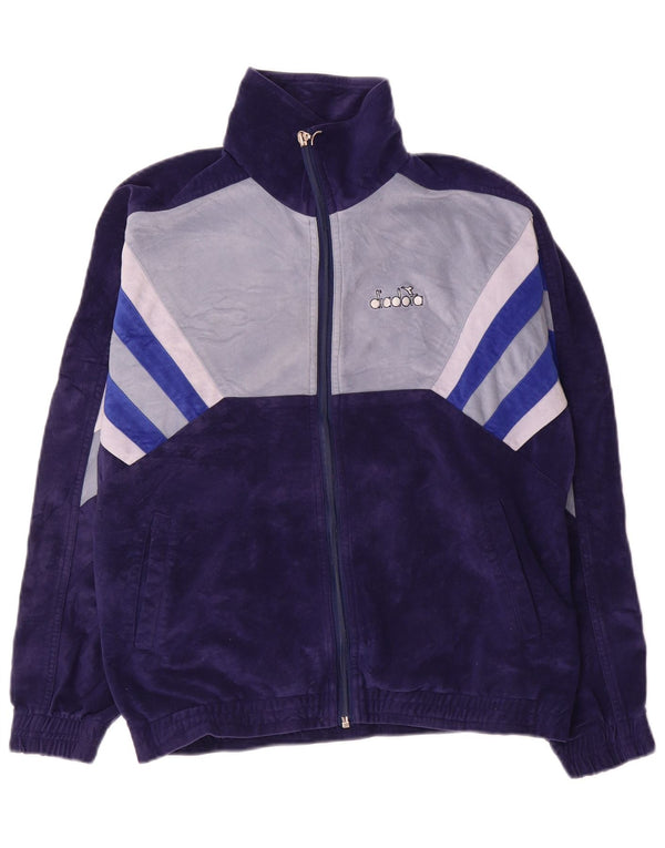 Diadora Mens Velour Tracksuit Top Jacket UK 36 Small Navy Blue Colourblock