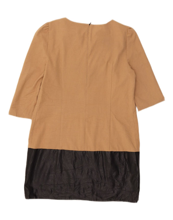 Vestido feminino Zara manga 3/4, UK 14, grande, bege, colorblock, poliéster