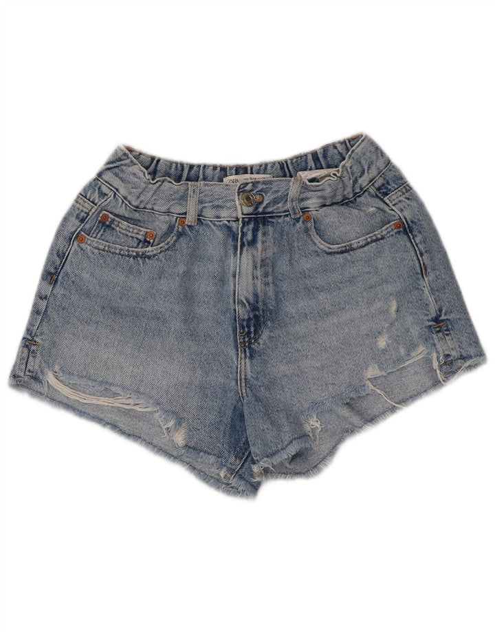 ZARA Shorts jeans femininos de cintura alta desgastados 13-14 anos W28 azul