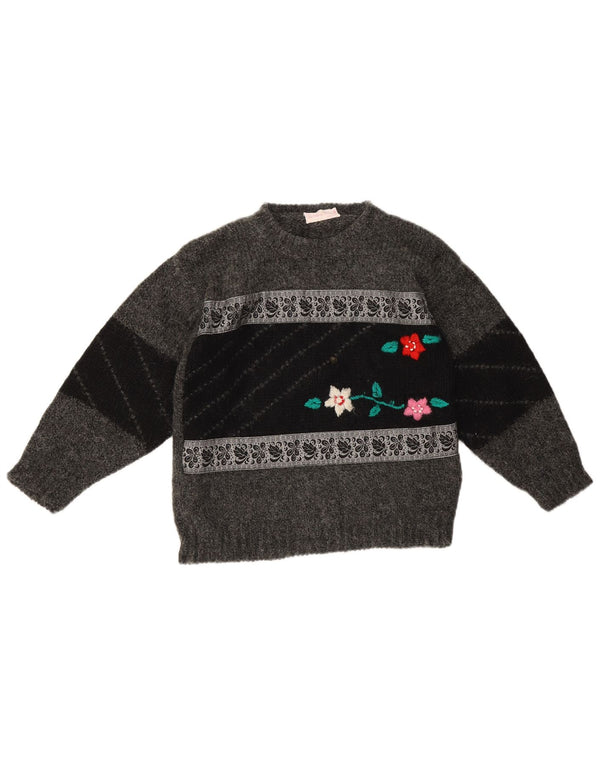 Suéter feminino vintage com gola redonda UK 10 pequeno cinza floral
