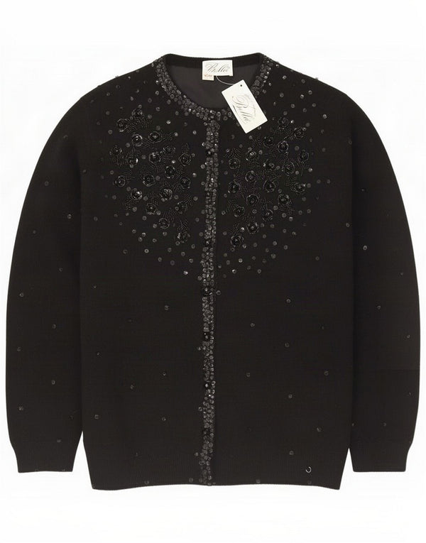 Suéter cardigã feminino de lantejoulas vintage IT 48 XL preto floral clássico