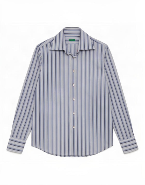 Camisa masculina Benetton de algodão listrado azul médio