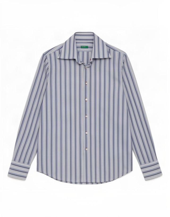 Camisa masculina Benetton de algodão listrado azul médio