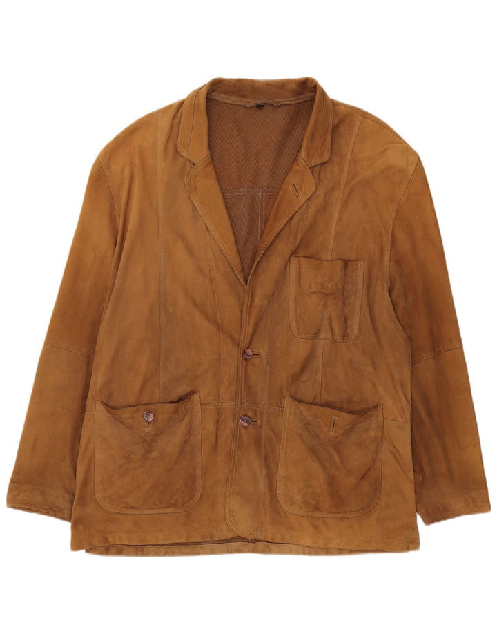 Jaqueta blazer masculina VINTAGE de camurça com 2 botões Reino Unido 42 XL couro marrom