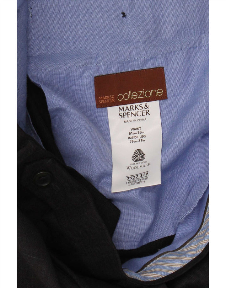 Calça masculina de terno reto Marks & Spencer W36 L31 cinza xadrez nova lã