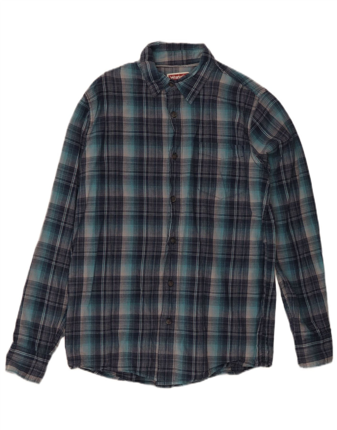 Camisa Wrangler masculina de flanela pequena azul xadrez de algodão