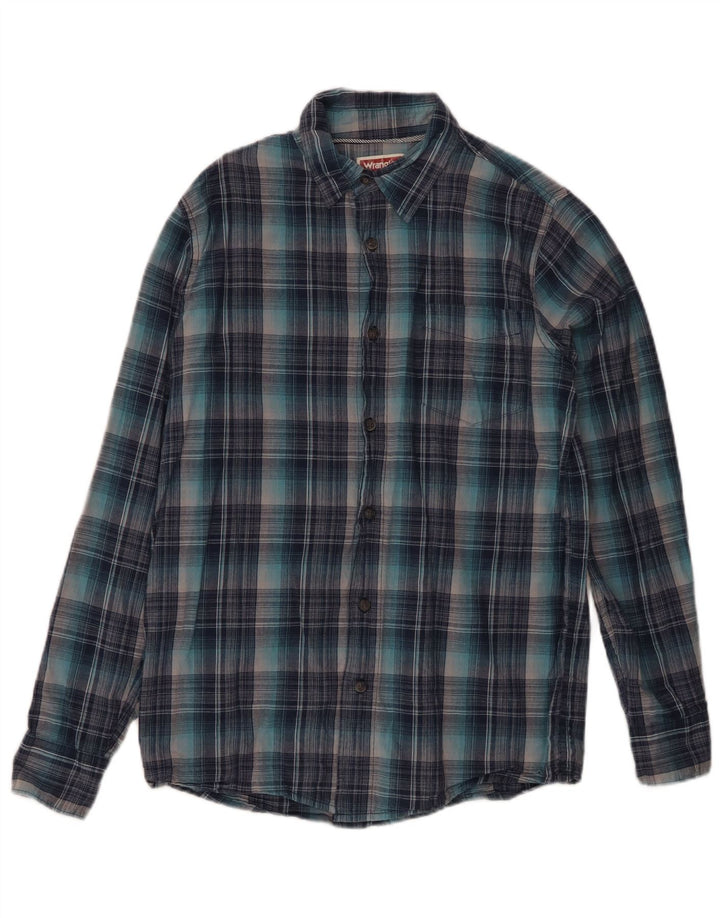 Camisa Wrangler masculina de flanela pequena azul xadrez de algodão
